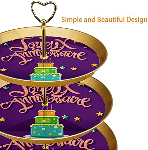 Lyetny 3 slojeva za deserte za torte od zlatnog kolača od kolača za čajnu zabavu, vjenčanje i rođendan, sretan rođendan na francuskom