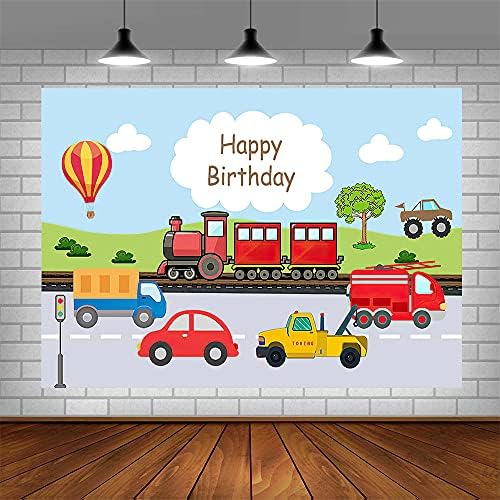Ablin 7x5ft dječak sretni rođendan pozadina prijevoz tema crveni vlak prikolica automobila vatrogasni kamion vrući zrak balon plavo