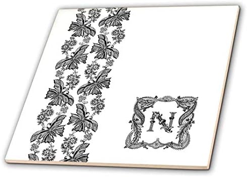 3d monogram ruže početni n u crnoj čipki s detaljima leptira keramičke pločice, višebojan