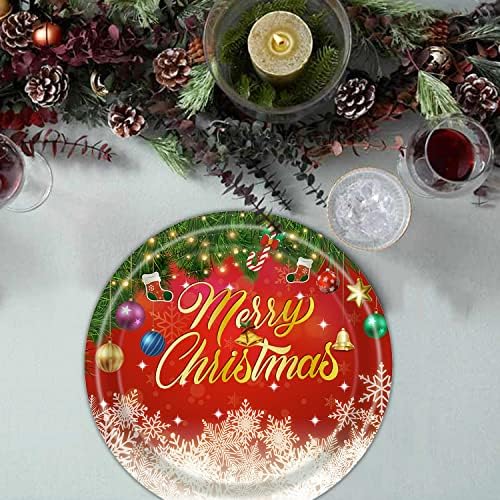 IPalmay Sretan božićni tanjuri, crveno zeleno zlato snježna pahuljica božićni papirni tanjuri za jednokratnu upotrebu za proslavu praznika,