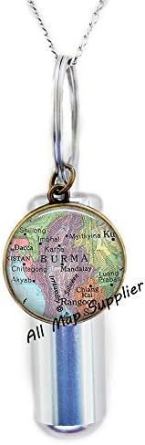 AllMapsupplier Modna kremacija Urn ogrlica, Burma Map Urn, Burma Urn, Myanmar Urn, Rangoon, Mandalay Map Nakit ， A0222