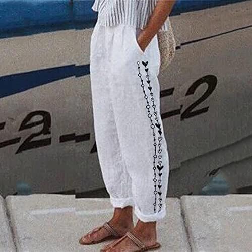 MIASHUI WOONSENS Ljetne odjeće labave ravne hlače Struk visoke s džepovima hlače pamučno povremena dugačka plaža