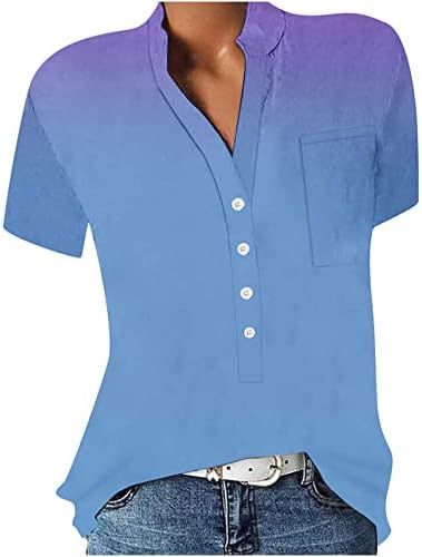 V vratni vrhovi za žene 2023 gumb kratkih rukava Down Majice Ljetne cvjetne henley majice gumb labave tunike bluze
