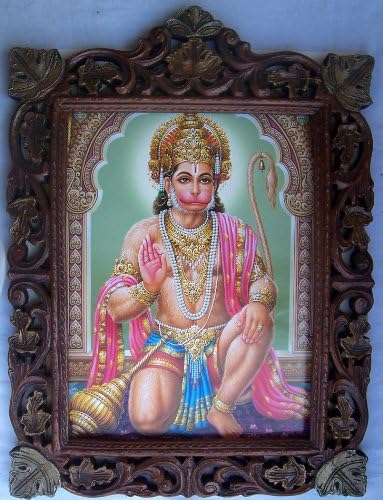Lord Hanuman u sjedećem položaju i davanje blagoslova Slikanje plakata u drvenom zanatskom okviru