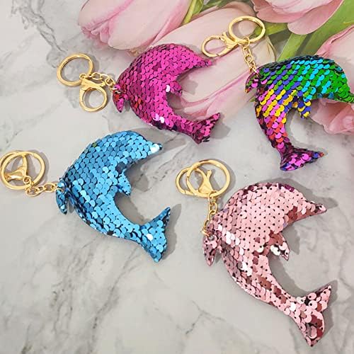 Glitter Sequin Dolphin Keychains for Kids Party Favors, Slatki prsten za ključeve morskih pasa za žene za djevojke, privjesak