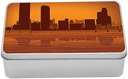 Ambsonne Michigan Metal Box, Grand Rapids Michigan Skyline s refleksijom u vodenoj narančastoj boji, višenamjenski pravokutni kontejner