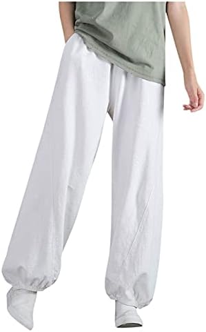 Mmknlrm lanene hlače cvjetaju struk pamuk ženske elastične labave džepne hlače hlače izrezane hlače