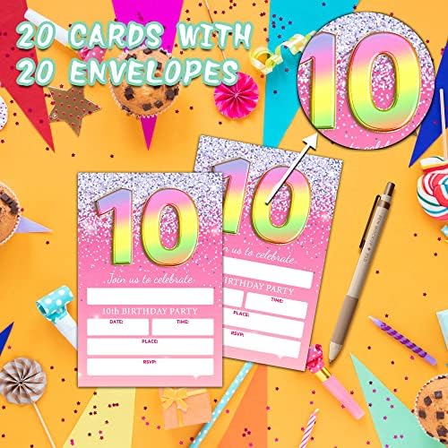 Pozivnice za 10. rođendan - Pozivnice za ružičasti sjaj za djevojčice/dječake - Dječja Rainbow balon za ispunjavanje omotnice - rumeni
