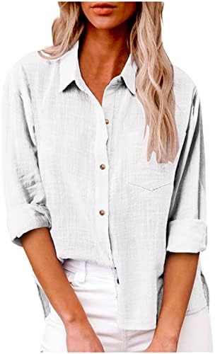 V gumb za vrat dolje za žene, majica dugih rukava majica bluza vrhovi pamučnih lanenih vrhova seksi plus veličine vrhove