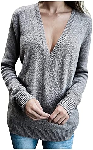 Ženske majice s dugim rukavima pletene dubokim V-izrezom omot prednji labavi džemper pulover pravac trening vrh