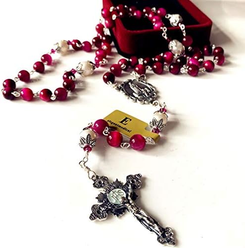 Elegantna medicalna zrnca crvenog tigra 10 mm prave biserne krunice sterling 925 srebrni križni raspeli ogrlica kutija katolički dar
