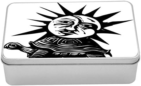 Ambasonne Sunce i Mjesec metalna kutija, monotoni dizajn mrzovoljnog izgleda na stražnjoj strani kornjače, višenamjenski pravokutni
