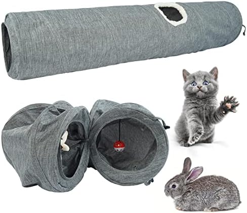 Sklopivi mačji tunel za kućne mačke, čvrsta cijev-tunel za igru mačaka 2 u 1 sa zvonom i plišanom igračkom, interaktivni krevet-tunel