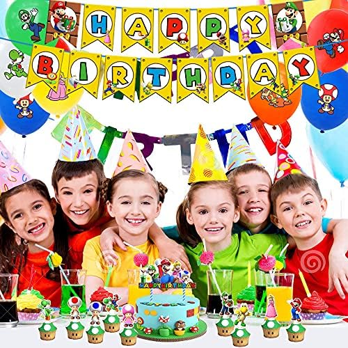 Yakemmer Super Mario Rođendanske zalihe uključivale su transparente, topar za kolače, vrhove cupcakea, stolnjak, viseće vrtlove i balone