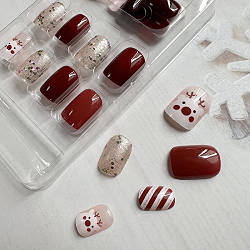 Božićni print na noktima Crveni kratki kvadratni lažni nokti u crveno-bijelim prugama s uzorkom losa Božićni lažni nokti s potpunim