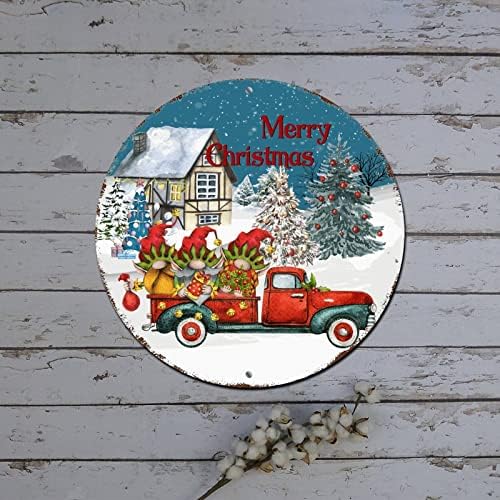 Crveni kamion natpis Santa snježna kuća gnome kamion okrugli metalni limen znak božićni ormarići ukrasi rustikalni metalni vijenac