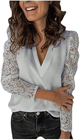 Seksi bluze za žene, jesenske košulje s dubokim izrezom u obliku slova u, ležerni jednobojni vrhovi s čipkastim obrubom, modne tanke