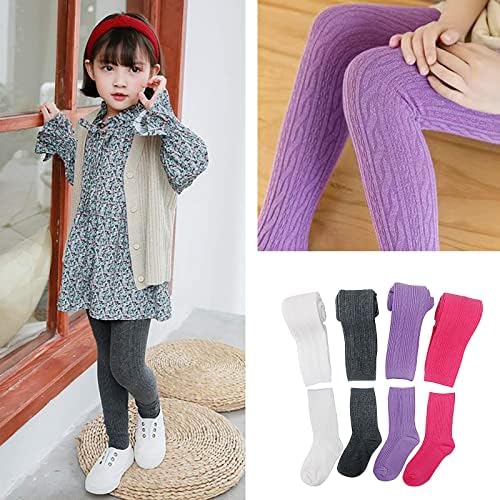 TechCity Girls gamaša za bebe mališane kabele Kabel pletene pamučne hlače - 4 pakete bez stopala i 4 parove čarape