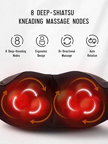 Shiatsu masažer za leđa, vrat i ramena s podesivom toplinom i brzinom, 8 čvorova električna masaža za duboko gnječenje tkiva za ublažavanje
