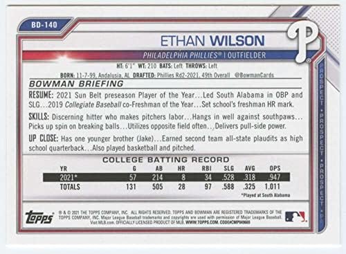 2021. Bowman Nacrt BD-140 Ethan Wilson RC Rookie Philadelphia Phillies MLB Trgovačka karta za bejzbol