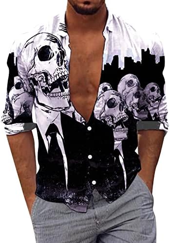 XXBR muški ležerni gumb dolje, Halloween 3d Skull Print Optunj Ovratnik Havajska košulja na plaži dugih rukava