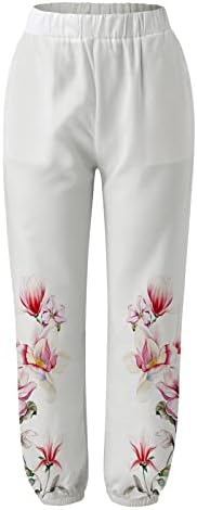 Zdfer Women Summer Cvjetni otisak ležerne labave pamučne lanene hlače Elastični struk konusne pantalone Twistens s džepovima