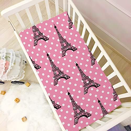 Paris Eiffel Tower Pink Cript listovi za dječake djevojčice pakiraju i igraju plahte prozračne mini opremljene krevetiće za standardne