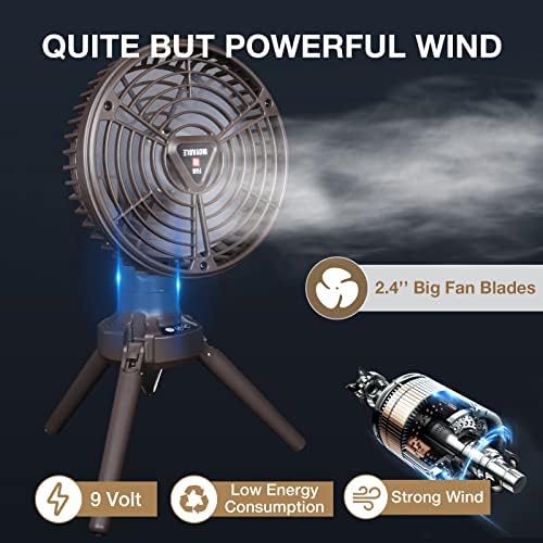 Prijenosni ventilator za kampiranje s LED svjetlom, ventilator na baterije od 10.400 mAh s visećom kukom za šator, rotacija glave od
