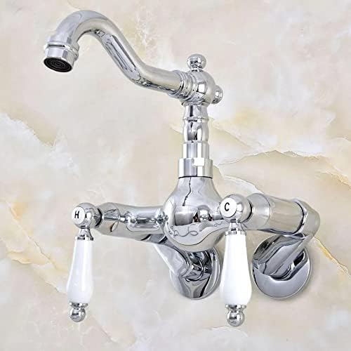 Srebrni kromirani mesingani zidni dvostruke ručke kupaonice Kuhinjski sudoper Slač Slač Swivel Spout - Podesite od 3-3/8